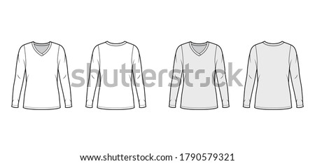 V-neck jersey sweater technical fashion illustration with long sleeves, oversized body, tunic length. Flat outwear apparel template front back white grey color. Women men unisex shirt top CAD mockup
