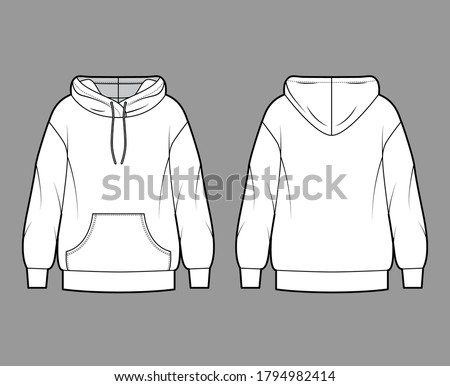 Oversized cotton-fleece hoodie technical fashion illustration with pocket, relaxed fit, long sleeves. Flat outwear jumper apparel template front back white color. Women, men, unisex sweatshirt top CAD