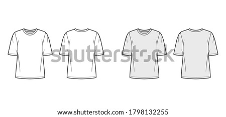 Cotton-jersey t-shirt technical fashion illustration with crew neckline, elbow sleeves, tunic length. Flat outwear basic apparel template front, back, white grey color. Women men unisex top CAD mockup