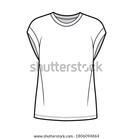 Boyfriend cotton-jersey T-shirt technical fashion illustration with classic crew neckline, short cap sleeves, oversized. Flat apparel template front white color. Women men, unisex top CAD mockup