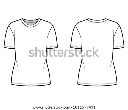 Cotton-jersey t-shirt technical fashion illustration with crew neck, short sleeves, tunic length. Flat outwear basic blouse apparel template front back white color. Women men unisex shirt top mockup Foto stock © 