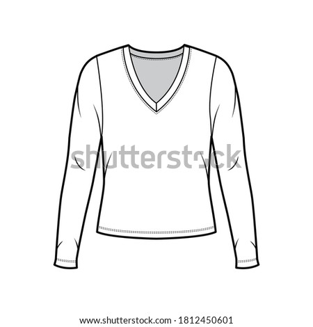 Deep V-neck jersey sweater technical fashion illustration with long sleeves, oversized body. Flat shirt apparel template front, white color. Women, men, unisex outfit top CAD mockup