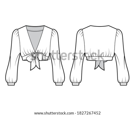 Tie-front cropped shirt technical fashion illustration with voluminous long sleeves, plunging neckline. Flat blouse apparel template front, back, white color. Women, men, unisex top CAD mockup.  ストックフォト © 