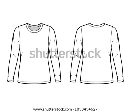 Crew neck jersey sweater technical fashion illustration with long sleeves, oversized body, tunic length. Flat outwear apparel template front back white color. Women men unisex shirt top CAD mockup