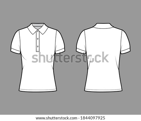 Polo shirt technical fashion illustration with cotton-jersey short sleeves, oversized, buttons along the front. Flat outwear apparel template front, back, white color. Women men unisex top CAD mockup