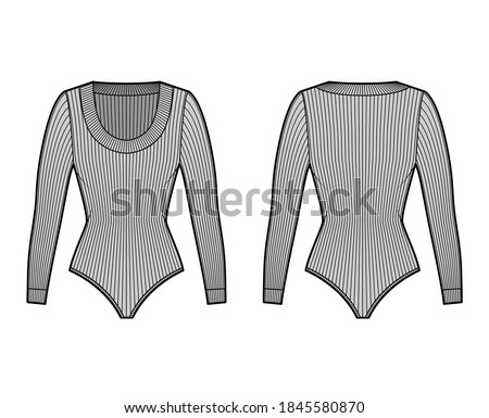 Ribbed-knit bodysuit technical fashion illustration with scooped neckline, long sleeves, medium-coverage briefs. Flat outwear one-piece template front back grey color. Women men unisex shirt top 商業照片 © 