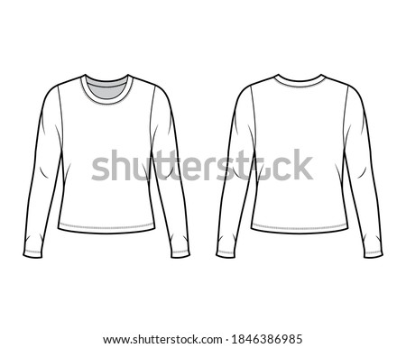 Crew neck jersey sweater technical fashion illustration with long sleeves, oversized body. Flat outwear apparel template front back white color. Women men unisex shirt top CAD mockup