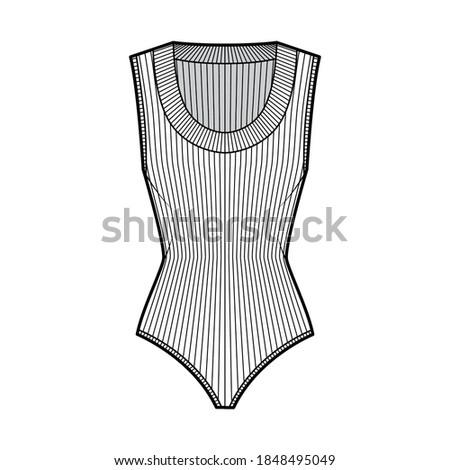 Ribbed-knit bodysuit technical fashion illustration with scooped neckline, sleeveless, medium-coverage briefs. Flat outwear one-piece apparel template front white color. Women men unisex shirt top 商業照片 © 