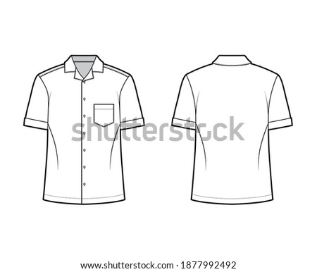 Shirt camp technical fashion illustration with short sleeves, angled patch pocket, relax fit, button-down, open collar. Flat template front, back white color. Women men unisex top CAD mockup