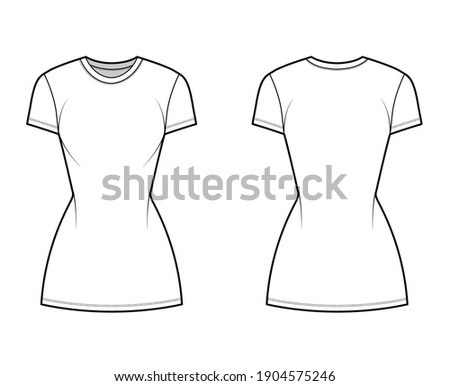 T-shirt dress technical fashion illustration with crew neck, short sleeves, mini length, slim fit, Pencil fullness. Flat apparel template front, back, white color. Women, men, unisex CAD mockup