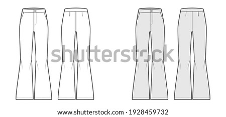 Pants bell-bottom technical fashion illustration with normal waist, high rise, slant pockets, wide legs, full length. Flat apparel template front, back, white, grey color. Women, men unisex CAD mockup