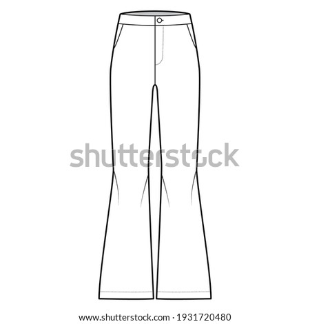 Pants bell-bottom technical fashion illustration with normal waist, high rise, slant pockets, wide legs, full length. Flat trousers apparel template front, white color. Women, men, unisex CAD mockup