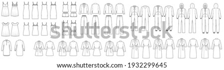Set of Sleepwear Pajamas overall dresses, pants, bathrobe, chemise, nightshirt technical fashion illustration with full knee mini length. Flat front back, white color. Women, men unisex CAD mockup