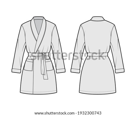 Bathrobe Dressing gown technical fashion illustration with wrap opening, mini length, oversized, tie, pocket, long sleeves. Flat garment front back, grey color style. Women, men unisex CAD mockup