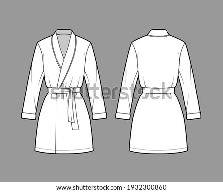 Bathrobe Dressing gown technical fashion illustration with wrap opening, mini length, oversized, tie, long sleeves. Flat garment apparel front back, white color style. Women, men unisex CAD mockup