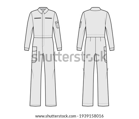 Boilersuit coverall Dungaree jumpsuit technical fashion illustration with full length, normal waist, high rise, pockets, long sleeves. Flat front back, grey color style. Women, men unisex CAD mockup