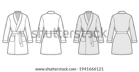 Bathrobe Dressing gown technical fashion illustration with wrap opening, mini length, oversized, pocket, long sleeves. Flat garment front back, white, grey color style. Women, men unisex CAD mockup