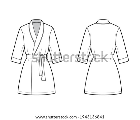 Bathrobe Dressing gown technical fashion illustration with wrap opening, mini length, oversized, tie, elbow sleeves. Flat apparel garment front back, white color style. Women, men unisex CAD mockup