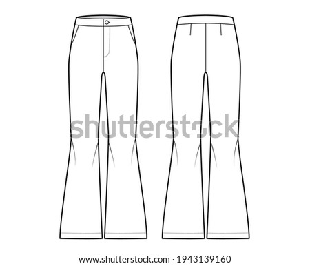 Pants bell-bottom technical fashion illustration with normal waist, high rise, slant pockets, wide legs. Flat bottom trousers apparel template front, back, white color. Women, men, unisex CAD mockup