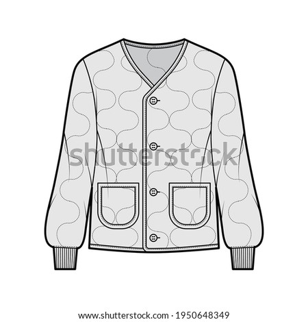 ALS 92 field jacket liner technical fashion illustration with oversized, long sleeves, oval patch pockets, Onion quilted shell. Flat coat template front, grey color style. Women men unisex CAD mockup
