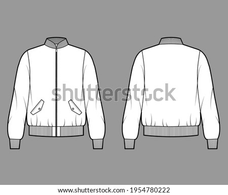 Zip-up Bomber ma-1 flight jacket technical fashion illustration with Rib baseball collar, cuffs, waistband , oversized, long sleeves. Flat coat template front, back white color. Women men CAD mockup