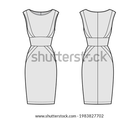 Dress panel tube technical fashion illustration with hourglass silhouette, sleeveless, fitted body, knee length skirt. Flat apparel front, back, grey color style. Women, men, unisex CAD mockup