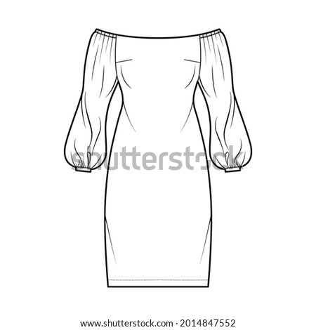 Dress off-the-shoulder Bardot technical fashion illustration with long puff sleeves, fitted body, knee length pencil skirt. Flat evening apparel front, white color style. Women, men unisex CAD mockup