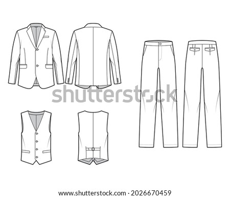 Set of Suit three-piece - classic Pant, jacket and vest technical fashion illustration with single breasted, oversized. Flat template front, back, white color style. Women, men, unisex CAD mockup