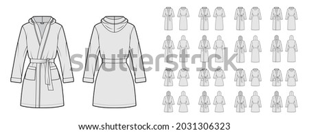 Set of Hooded Bathrobes Dressing gowns technical fashion illustration with wrap opening, mini knee length,, tie, pockets, long elbow sleeves. Flat garment front, back grey color. Women, men CAD mockup