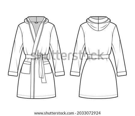 Hooded Bathrobe Dressing gown technical fashion illustration with wrap opening, mini length, oversized, tie, pocket, long sleeves. Flat garment front, back, white color style. Women, men, CAD mockup