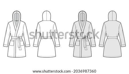 Hooded Bathrobe Dressing gown technical fashion illustration with wrap opening, mini length, oversized, tie, pocket, long sleeves. Flat garment front, back, white grey color. Women, men, CAD mockup