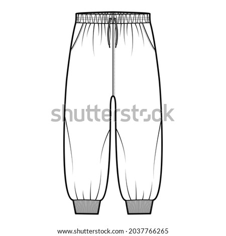 Shorts Sweatpants technical fashion illustration with elastic cuffs, low waist, rise, drawstrings, calf length. Flat training trousers apparel template front, white color. Women men unisex CAD mockup