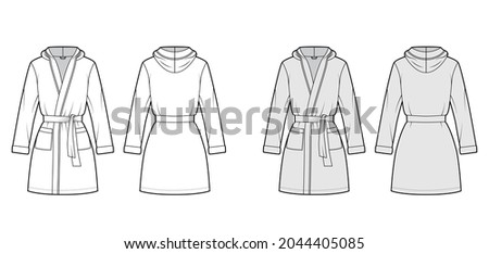 Hooded Bathrobe Dressing gown technical fashion illustration with wrap opening, mini length, tie, pocket, long sleeves. Flat garment front, back, white grey color style. Women, men, unisex CAD mockup
