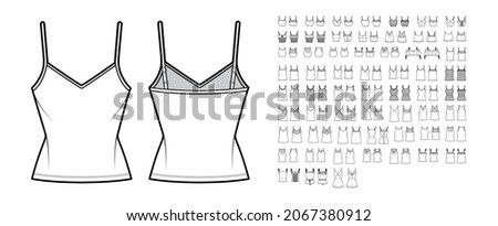 Set of camisole tops, shirts, tanks, blouses technical fashion illustration with wide narrow shoulder straps, fitted oversized body. Flat apparel template front, back white color. Women men CAD mockup