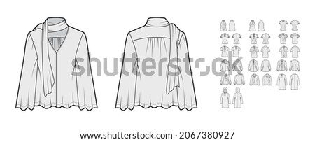 Set of pussy bow blouses, shirts technical fashion illustration with fitted oversized body, short elbow long sleeves. Flat tops apparel template front, back, grey color. Women, men unisex CAD mockup