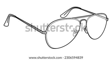 Aviator frame glasses fashion accessory illustration. Sunglass 3-4 view for Men, women, unisex silhouette style, flat rim spectacles eyeglasses with lens sketch outline isolated on white background
