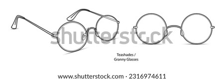 Teashades, Granny Glasses frame glasses fashion accessory illustration. Sunglass front and 3-4 view for Men, women, unisex silhouette style, flat rim spectacles eyeglasses with lens sketch isolated