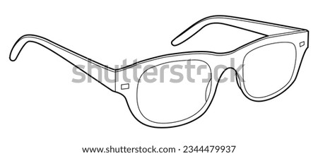Horn-rimmed, Wayfarer frame glasses fashion accessory illustration. Sunglass 3-4 view for Men, women, unisex style, flat rim spectacles eyeglasses with lens sketch outline isolated on white background