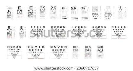 Set of Eye Test Charts medical illustration. Line vector sketch style outline isolated on white background. Vision test board optometrist ophthalmic for visual examination, Checking optical glasses