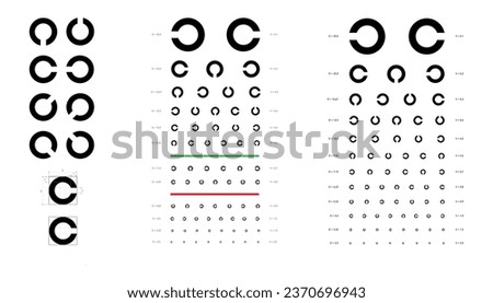 Landolt C Eye Test Chart broken ring medical illustration. Japanese vision test line vector sketch style outline isolated on white. Vision test board optometrist ophthalmic test for visual examination