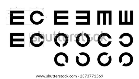 Snellen E and the Landolt C symbols Eye Test Chart medical illustration. Line vector sketch style outline isolated on white background. Vision test board optometrist for visual examination