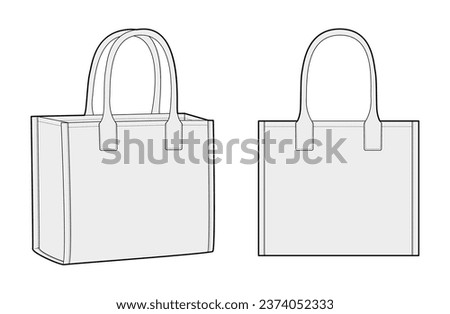 Tote Box Bag silhouette bag. Fashion accessory technical illustration. Vector satchel front 3-4 view for Men, women, unisex style, flat handbag CAD mockup sketch outline isolated