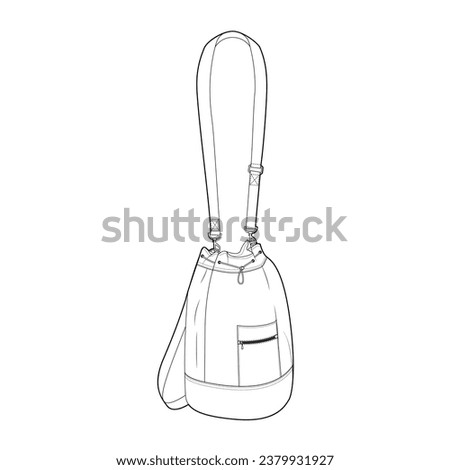 Drawstring Cross-Body Bag with oversized shape and adjustable features, removable strap options. Fashion accessory technical illustration. Vector satchel for Men, women style, flat handbag CAD mockup
