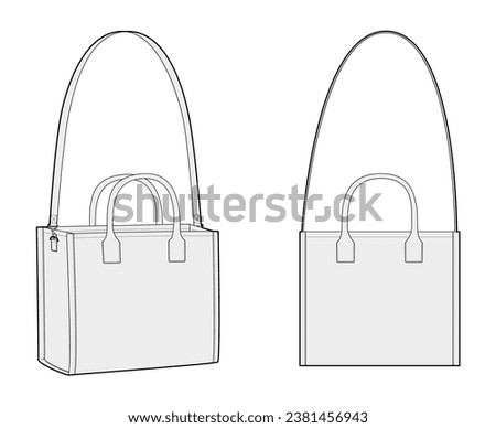 Tote Cross-Body Box Bag with removable strap options. Fashion accessory technical illustration. Vector satchel front 3-4 view for Men, women, unisex style, flat handbag CAD mockup sketch outline