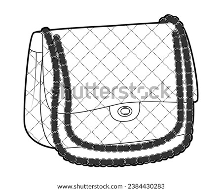 Handbag baguet silhouette bag. Fashion accessory technical illustration. Vector satchel rhombic stitching front 3-4 view for Men, women, unisex style, flat handbag CAD mockup sketch outline isolated