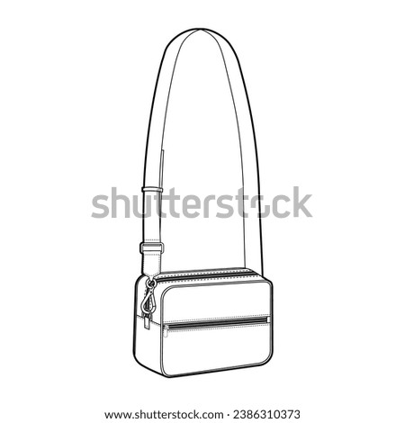 Cross-Body Pouch Bag with removable strap options. Fashion accessory technical illustration. Vector satchel front 3-4 view for Men, women, unisex style, flat handbag CAD mockup sketch outline isolated