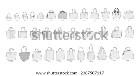 Set of Tote Bags silhouette. Fashion accessory technical illustration. Vector satchel front 3-4 view for Men, women, unisex style, flat handbag CAD mockup sketch outline isolated