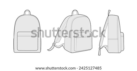 Backpack silhouette bag. Fashion accessory technical illustration. Vector schoolbag front, side 3-4 view for Men, women, unisex style, flat handbag CAD mockup sketch outline isolated