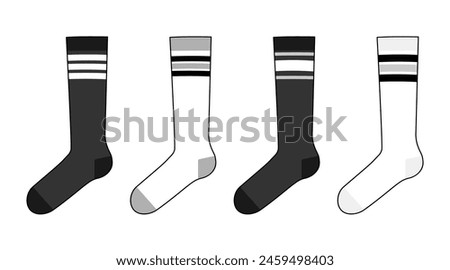 Skater socks set with crew length set. Fashion hosiery accessory clothing technical illustration stocking. Vector front, side view for Men, women, unisex style, flat template CAD mockup sketch outline