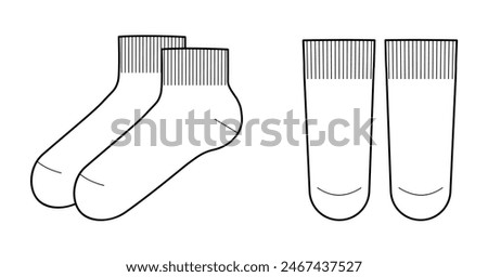 Ankle Socks length set. Fashion hosiery accessory clothing technical illustration stocking. Vector front, side view for Men, women, unisex style, flat template CAD mockup sketch outline isolated